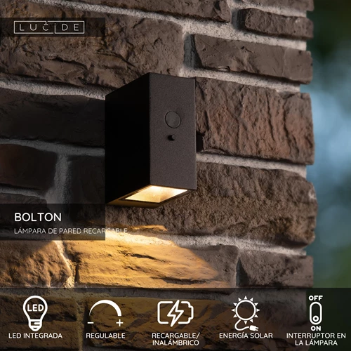 Lucide BOLTON - Lámpara de pared - Energía solar - LED Regul. - 1x1W 3000K - IP54 - Sensor movimiento & día/noche - Negro - USP
